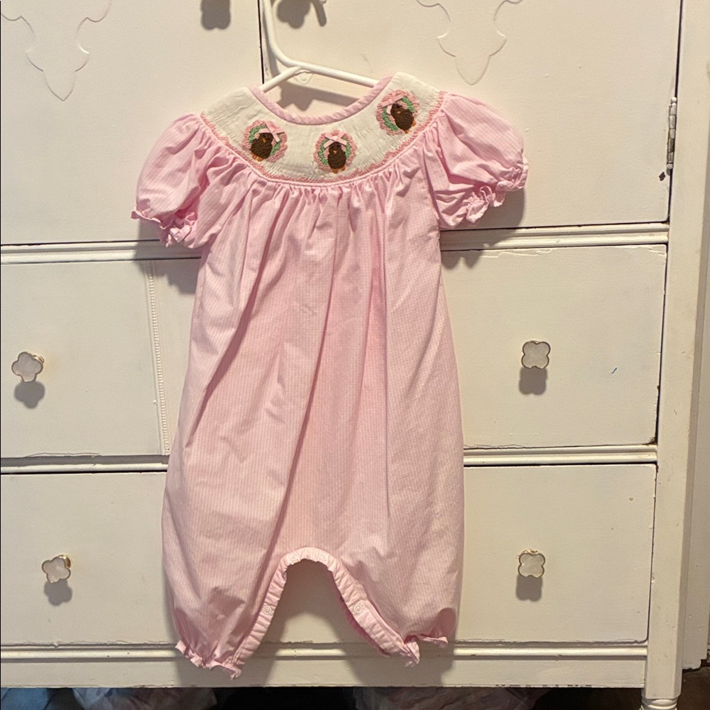 Eliza James Pink Thanksgiving Baby Romper with Embroidered Collar
